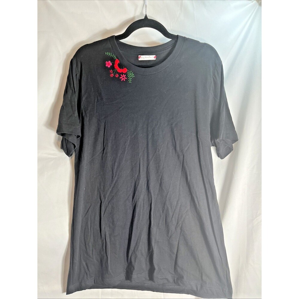 Art By Aubree Ren T Shirt Women's Large Black Embroidered 28" Long Short Sleeve
